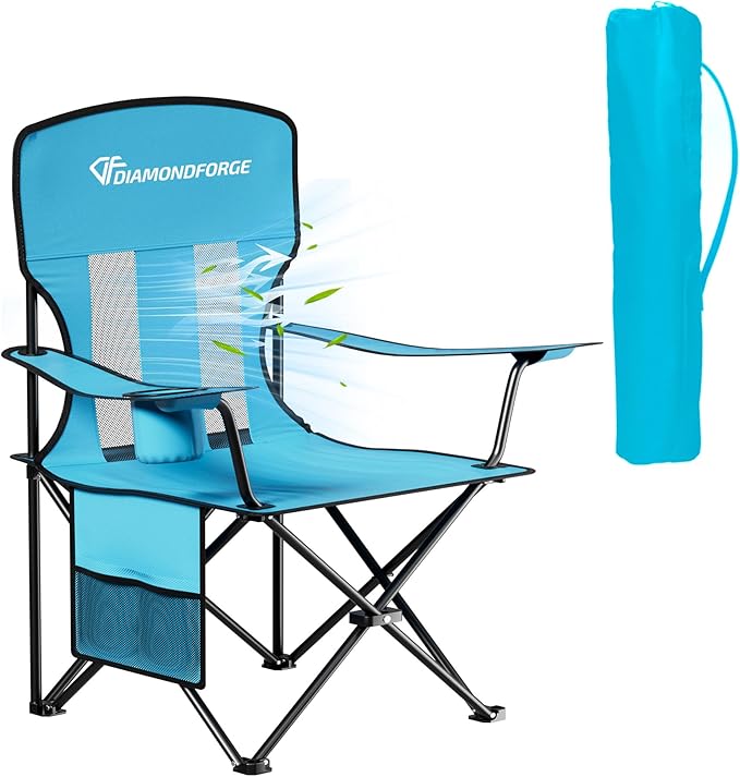 Camping Chairs, High Back Breathable Mesh Camping Chair 300 LBS Capacity, Portable Outdoor Lawn Chairs Folding with Cup Holder for Picnic, Lawn, Beach, Fishing and Sports (Blue)