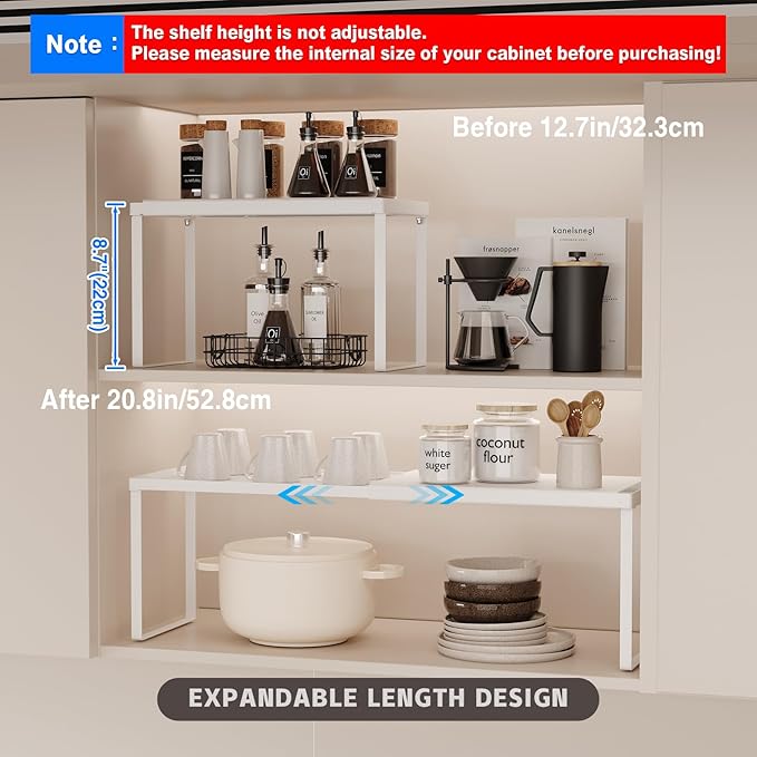 Magheo Expandable Cabinet Shelf Organizer, 2 Pack Stackable Kitchen Counter Shelf Riser, Metal Spice Rack Heavy Duty Countertop Organizer Storage for Kitchen, Pantry, Cupboard, Rv (8.7in Height,White)