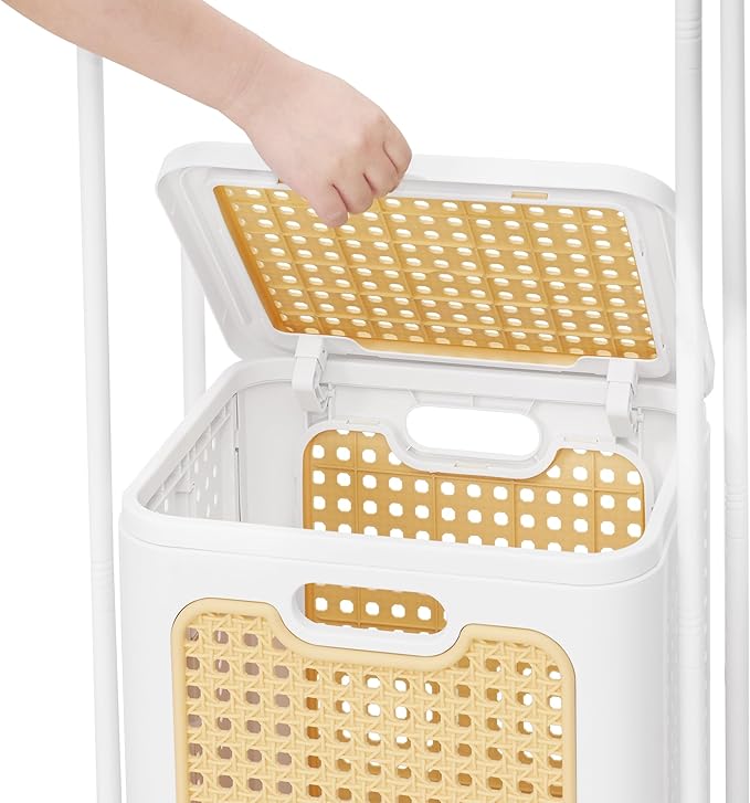 VECELO Laundry Hamper with Clothes Rack, Rolling Laundry Basket with Lid and Wheels, Tall Clothes Stand for Hanging Clothes, Multifunctional Laundry Organizer for Bedroom, Bathroom, White