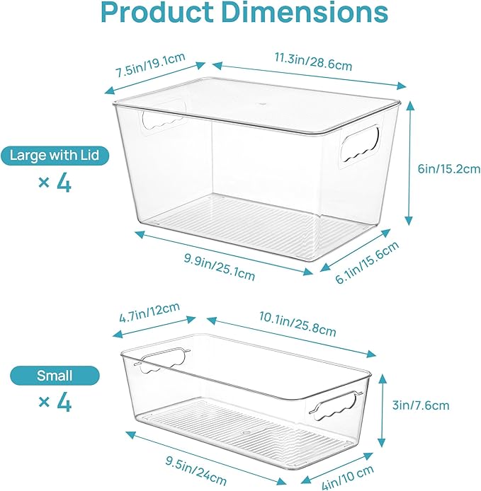 Vtopmart 8 Pack Clear Plastic Storage Bins with Lid Set, 4 Large and 4 Small Pantry Organizers and Storage Bins with Handle, Storage Containers for Pantry, Kitchen, Fridge, Cabinet Organization