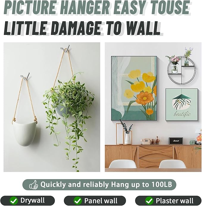 FURHUA 30pcs Super Hook Picture Hangers, Drywall Hooks for Hanging Pictures, Wall Hooks, Picture Hanging Kit，Hang Shelves, Mirrors, Art, Clock