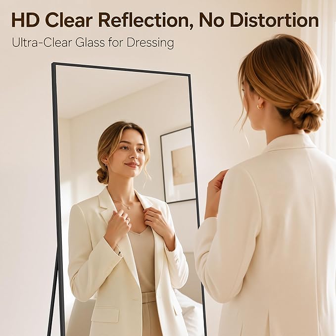 Antok Full Length Mirror, 78"x38" Floor Mirror with Stand, Hanging Mounted Mirrors for Bedroom, Living Room, Cloakroom, Dining Room, Black, Rect