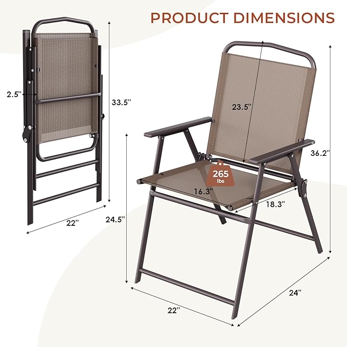 TLSUNNY Patio Folding Chairs Set of 4, Portable Dining Lawn Chairs, Outdoor Folded Furniture W/Breathable Textilene & Steel Frame, Armrests & Crossbar, All Weather for Pool, Camping (4, Brown)