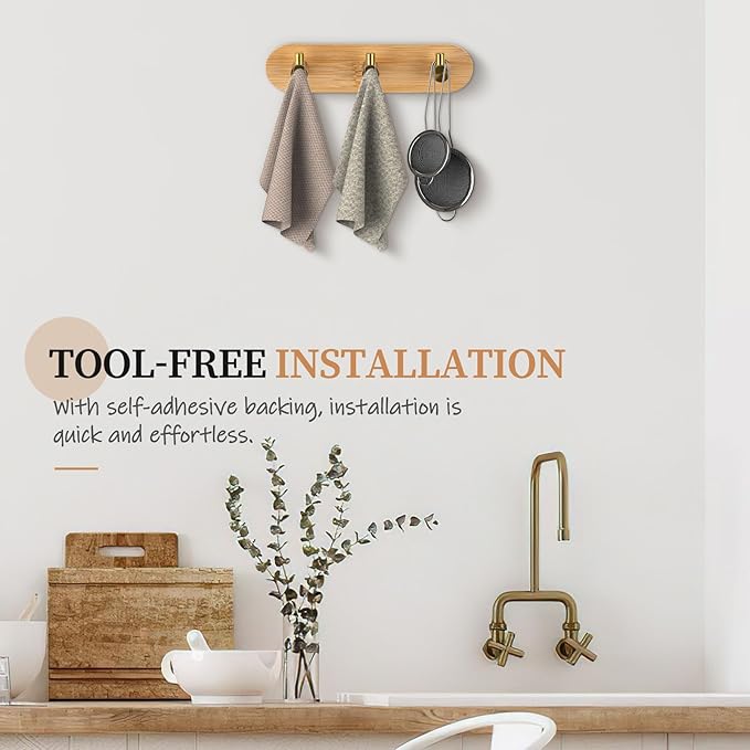 Nekon Bamboo Key Holder for Wall, Wall Mount Key Organizer with 3 Hooks, Decorative Coat Rack for Entryway, Kitchen, Bedroom, Bathroom (Gold Hooks)