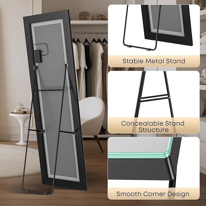 Kosmonia 63x24 Frameless Full Length Mirror, Dimmable 3 Color LED Light w/Memory Function, Distortion Free, HD Reflection & Anti Desilvering, Tempered Glass, Easy Setup w/Stand, Wall/Standing