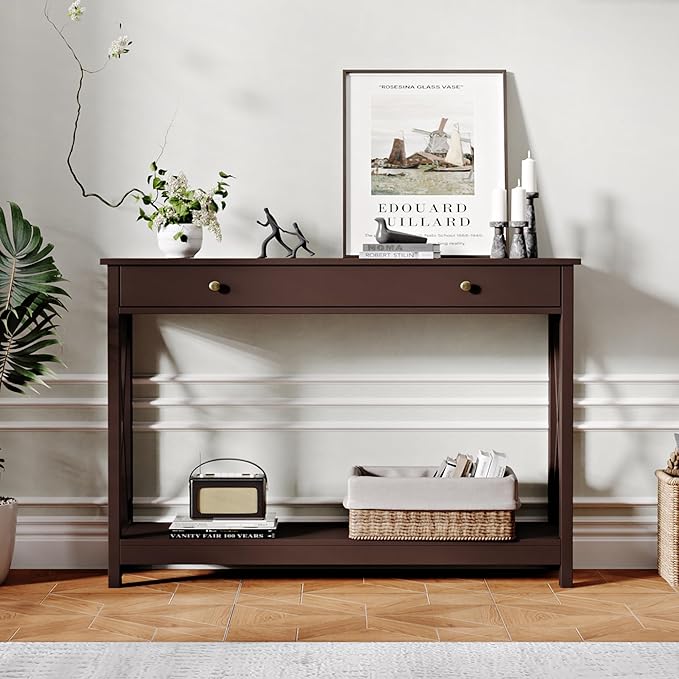 Treocho Espresso Console Table with Drawer and Storage Shelves, Foyer Sofa Table Narrow for Entryway, Living Room, Hallway