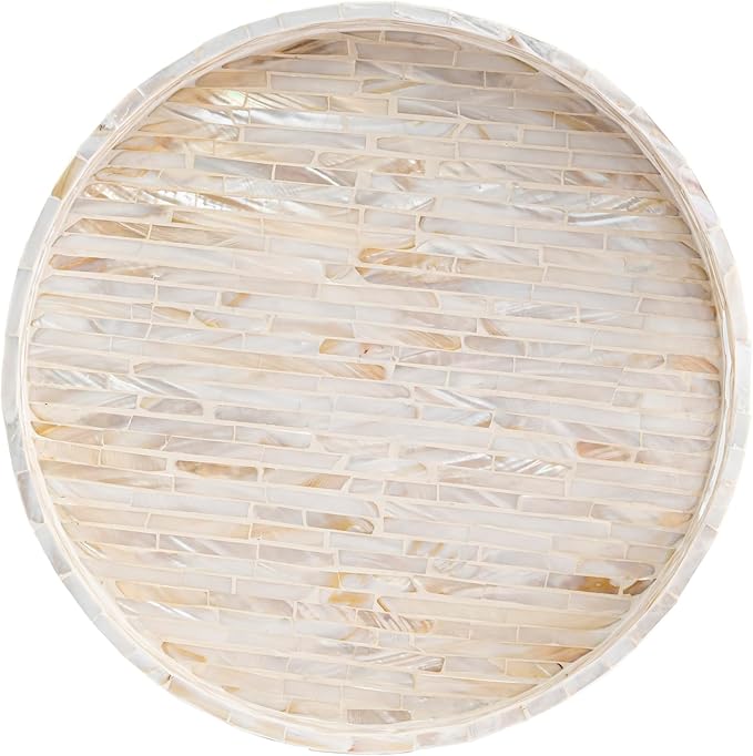 PEMAR 12.6” Decorative Round Serving Tray, Mother of Pearls Inlaid Coffee Table Tray w Insert Handles,Nacred Wooden Ottoman Tray,Bedroom Tray,Cabin Tray. Decorative Platter Basket Tray (White Pattern)
