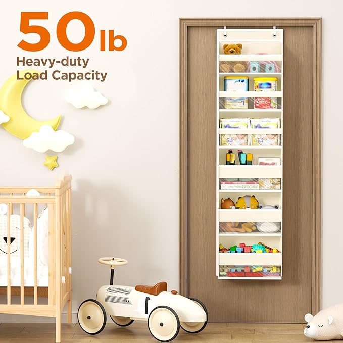 Mefirt 6 Tiers Over The Door Organizer, Heavy Duty Hanging Organizer Storage with Large Capacity Pockets, Behind Door Storage Hanging Shelves for Closet Wall Bathroom Bedroom Nursery Pantry, 1 Beige
