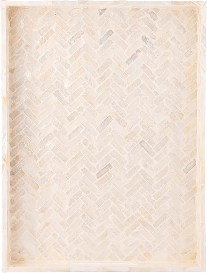 PEMAR Handmade Capiz Shell Decorative Serving Tray – Mother of Pearl Finish Herringbone Mosaic Rectangular Tray with Handles, 15.74 x 11.8 x 2 in, for Coffee Table & Home Decor