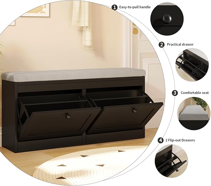 VOWNER Shoe Bench with 2 Flip Drawers, Shoe Organizer Storage Bench with Adjustable Shelves for Entryway, Hallway, Living Room (Black)