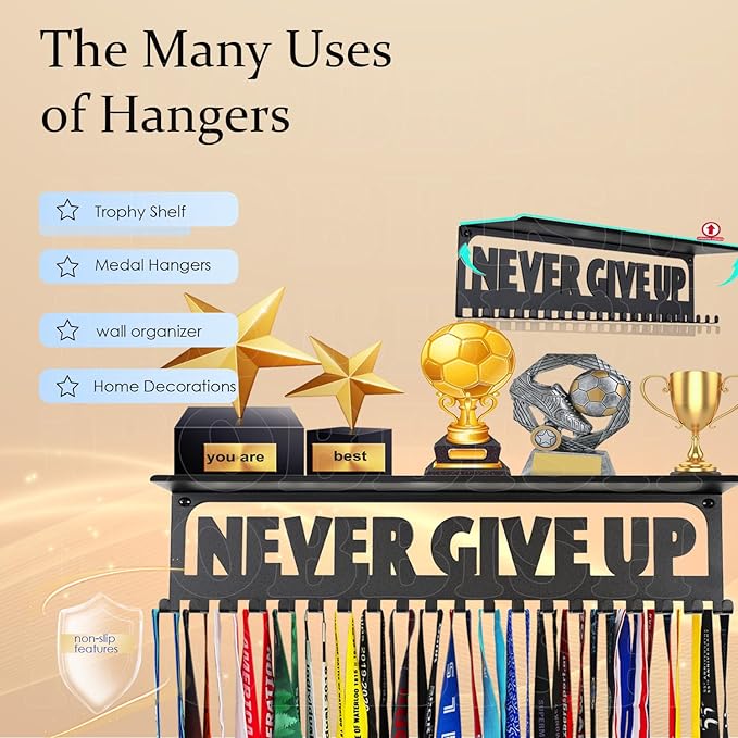 iBobbish Metal Medal Hanger Display,Non-Slip Trophy Shelf with 20 Hooks,Wall Mount,Heavy Duty,Non-Bent,Holds 22-33lbs,for Gymnastics,Race,Soccer,Swim
