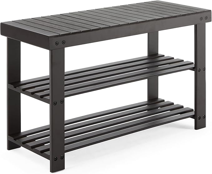 NEWBULIG Shoe Rack Bench, 3-Tier Bamboo Shoe Organizer, Wooden Entryway Storage Bench, 286 lb Load Capacity, 11.2x27.6x17.9 Inches, for Entryway Bathroom Bedroom Balcony, Brown