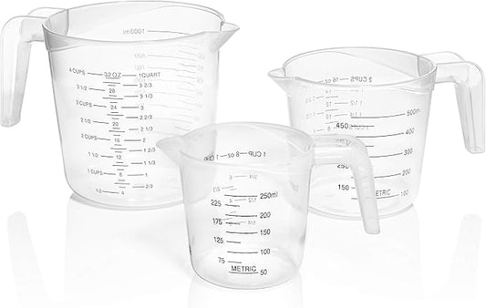 3pc Liquid Measuring Cups Set - 1 Cup, 2 Cup, 1 Quart | Clear Plastic Measure Cups with Long Handles