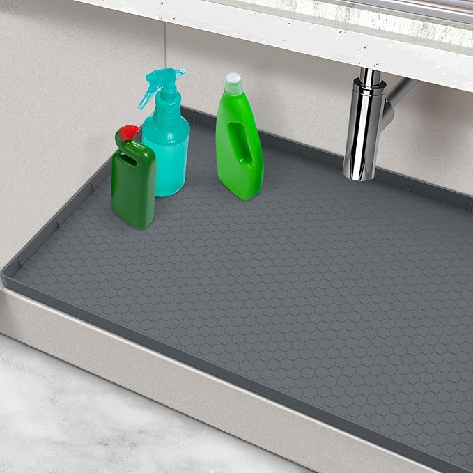 Under Sink Mats for Kitchen Waterproof 31" x 19", Silicone Under Kitchen Sink Mat for Bottom of Sink, Under The Sink Organizer for Kitchen and Bathroom Gray