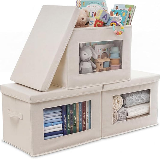 3-Pack Storage Bins with Lids, Fabric Foldable Storage Bins with Soft Cord Handles, Canvas Storage Bin with Lid for Organizing Clothes, Blankets and Books, Beige
