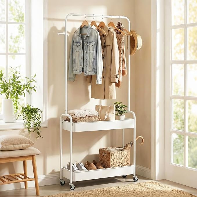 LDAILY Small Rolling Clothes Rack, Heavy Duty Clothing Rack with 2 Baskets, 4 Wheels for Hanging Clothes & Storage, Multi-Purpose Portable Closet for Bedroom, Living Room, Laundry, Small Space (White)