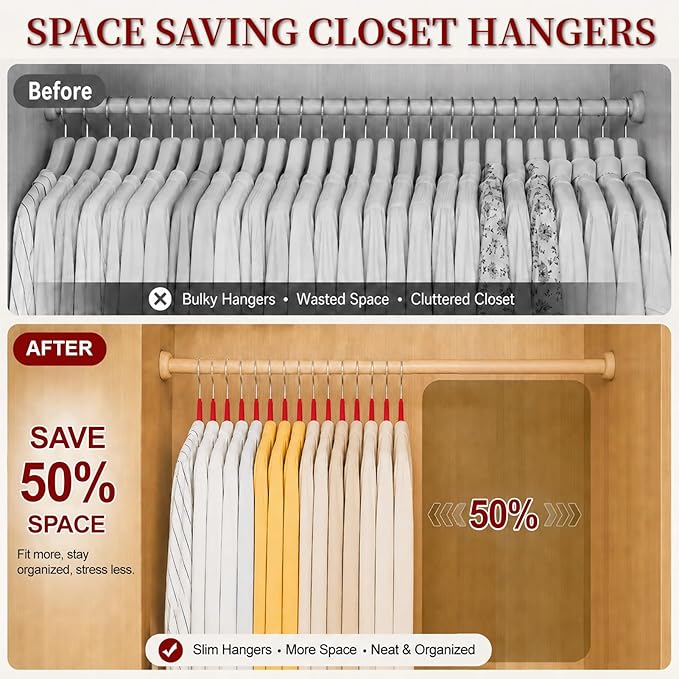 Velvet Hangers 50 Pack, Non Slip Clothes Hangers with Shoulder Notches, Slim Felt Hanger with 360° Swivel Hook, Space-Saving, for Coat, Shirt, Pants, Dress, Suits, Red