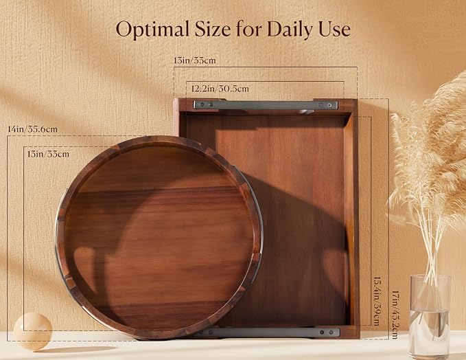 Acacia Wood Serving Tray with Metal Handles, 17x13in Food Drinks Tray for Coffee Table, Breakfast, Dinner & Bar, Rustic Decorative Storage Tray for Ottoman, Kitchen, Elegent Gift for Mom