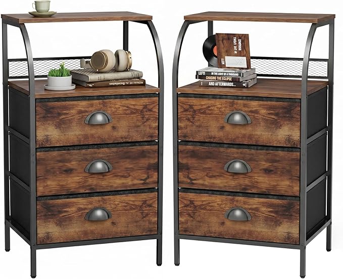 Night Stand Set 2, Nightstand with 3 Fabric Drawers and 2-Tier Shelf, Small Dresser Organizer, Bedside Table with Storage, End Table for Bedroom, Steel Frame, Wood Top, Rustic Brown