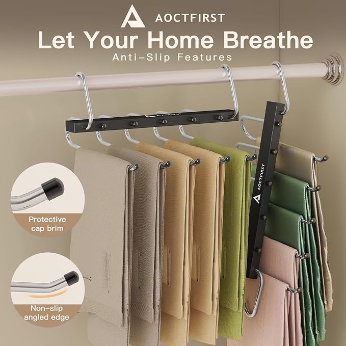 Pants Hangers Space Saving 2 Pack - 5 Tier Heavy Duty Closet Organizer for Jeans, Skirts, Shirts - Metal Hooks with Anti-Slip Design for Dorm, Apartment, Bedroom Storage