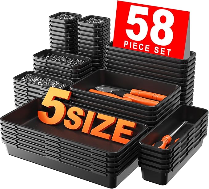 A-LUGEI【𝟱𝟴𝗣𝗰𝘀】【5 Size】 Tool Box Organizer Tray Divider Set, 【Black】 Desk Drawer Organizer, Garage Organization and Storage Toolbox Accessories Rolling Tool Chest Cart Cabinet WorkBench Small Part