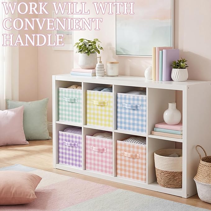 Yalikop 6 Pcs Colorful Checkered Cube Storage Bins, 11 Inch Fabric Gingham Classroom Storage Bins Organizer with Handle Preppy Collapsible Cubby Basket for Classroom Home Nursery Playroom Bedroom