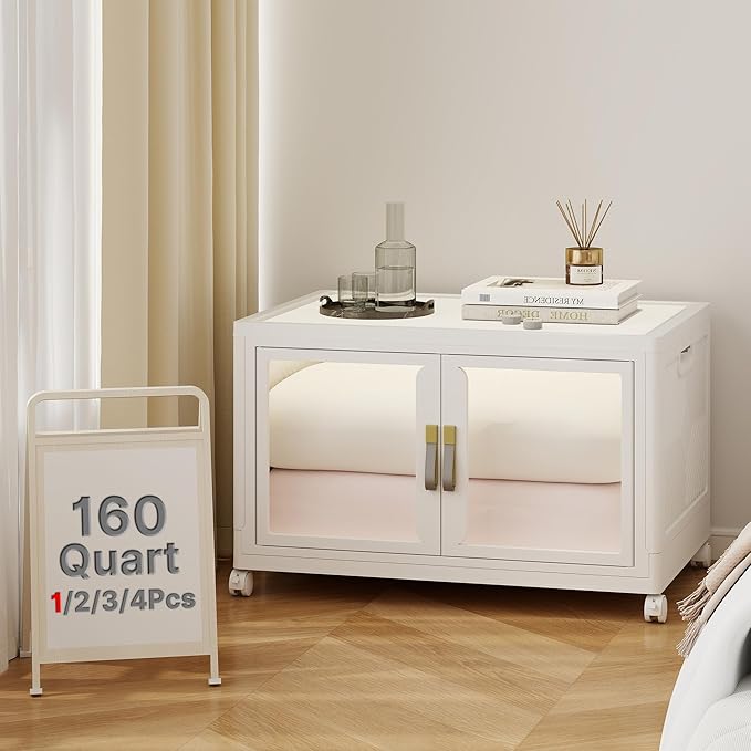 UAMFURI Stackable Storage Bins with Lids, Clear Doors, Large Storage Cabinet Foldable Collapsible Closet Organizers for Bedroom Dorm Office (1, White, 160, Quarts)