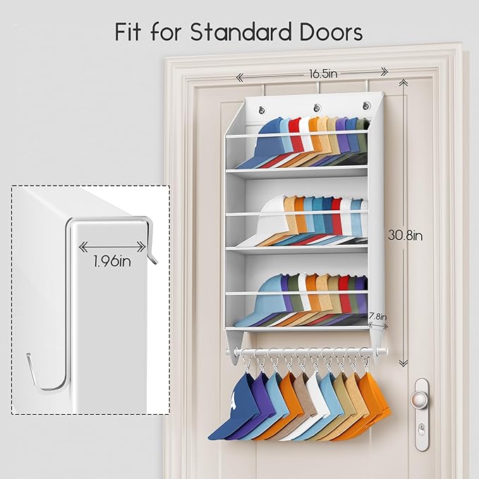 Homsorout Over the Door Hat Rack - 3-Layer Design Hat Organizer Holds 30-36 Hats with 10 Hooks, Ideal Hat Rack for Door, Over the Door Organizer for Closet, Apartment, Bedroom, Dorm, 1 Pack, White