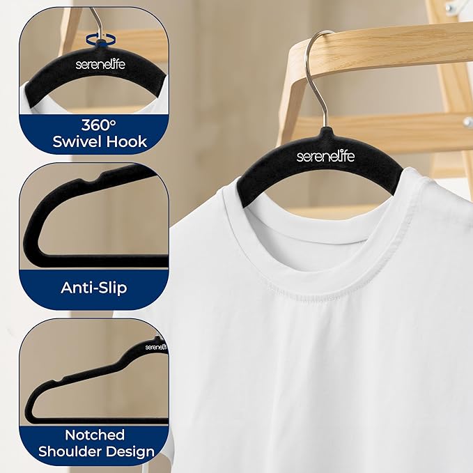 SereneLife 150 Pack Velvet Hangers - Non-Slip Felt Hangers with 360° Swivel Hook, Space-Saving, Ultra-Thin, Lightweight for Shirts, Sweaters, Hoodies, Kids Clothes & Dresses (Black)