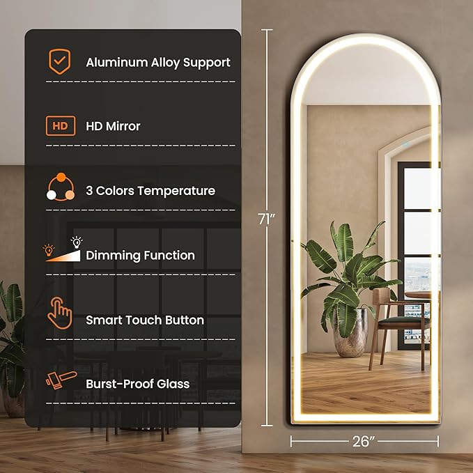 NEWBULIG 71"x26" Arched Full Length Mirror with Light, 3 Color Lighting Full Body Floor Mirror with Aluminum Alloy Thin Frame, Wall or Standing Mirror for Bedroom, Living Room, Dressing Room, White