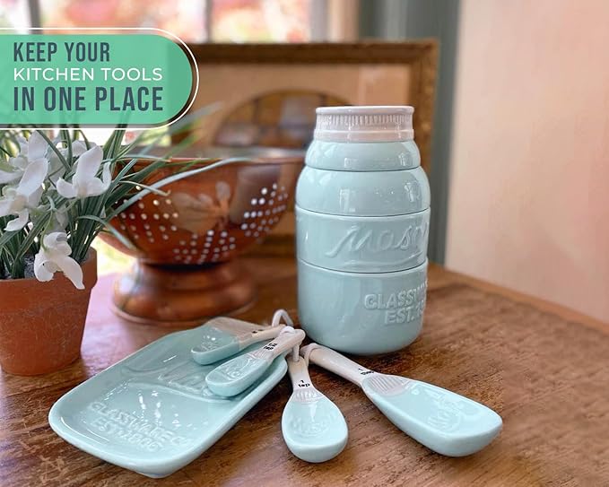 Comfify Mason Jar Kitchenware Set – Aqua Blue Ceramic Decor with 4 Measuring Cups, 4 Measuring Spoons, and Spoon Rest