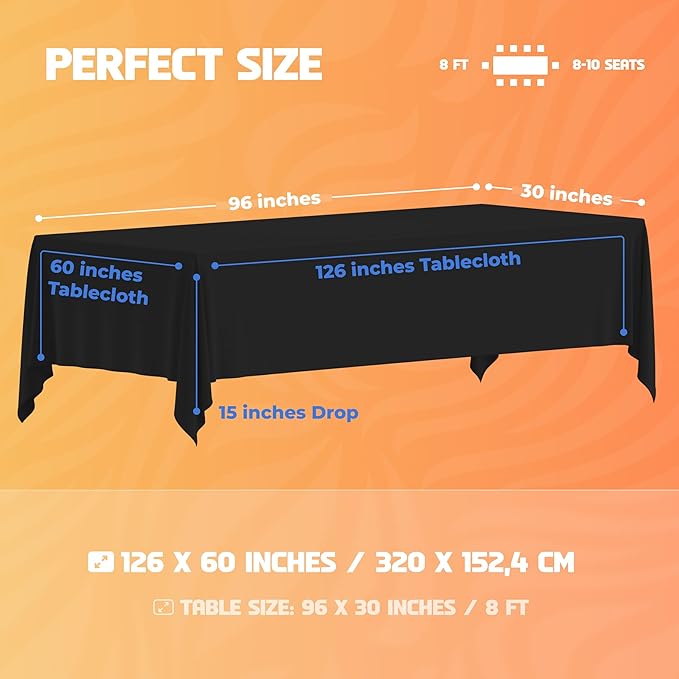 White Classic WEALUXE Black Table Cloth for 8 Foot Rectangle Tables, 60x126 inches, Water, Stain and Wrinkle Resistant, 200 GSM Washable Poly Fabric Tablecloth Rectangular, Elegant and Durable
