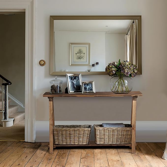 Farmhouse Console Tables for Living Room, 43.3" Solid Wood 2-Tier Sofa Table, Rustic Hallway Table for Entryway, Natural