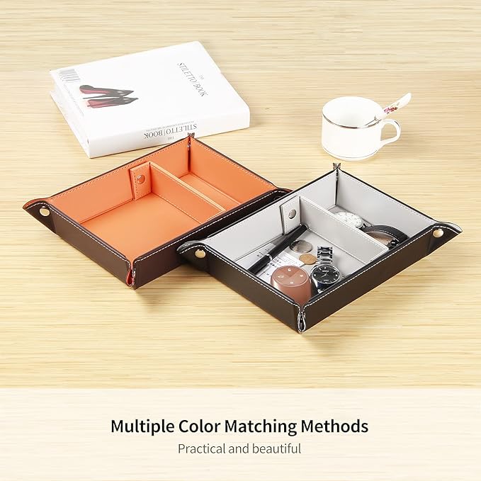 Valet Tray for Men Leather Big Entryway Key Dish Bedside Catchall Bowl 2 Dividers Travel Nightstand Organizer Caddy for Wallet Coins Dice Watch Candy, Sundries Holder for Beside Table (Orange)