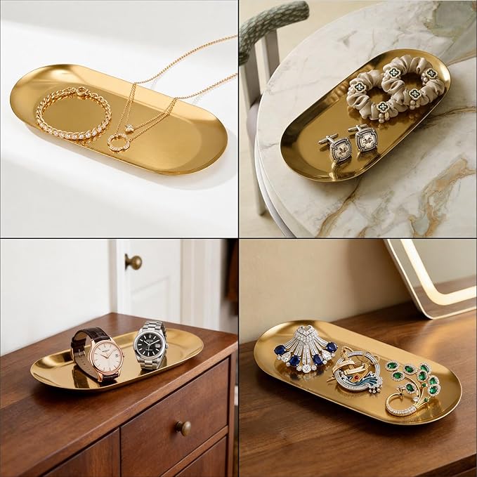 Vaincre Gold Decorative Jewelry Tray - 2PCS Stainless Steel Oval Trinket Ring Holder Dish, 7” Small Bathroom Vanity Kitchen Jewelry Plate Tray Decor for Storing Perfumes, Cosmetics, Candles, Key