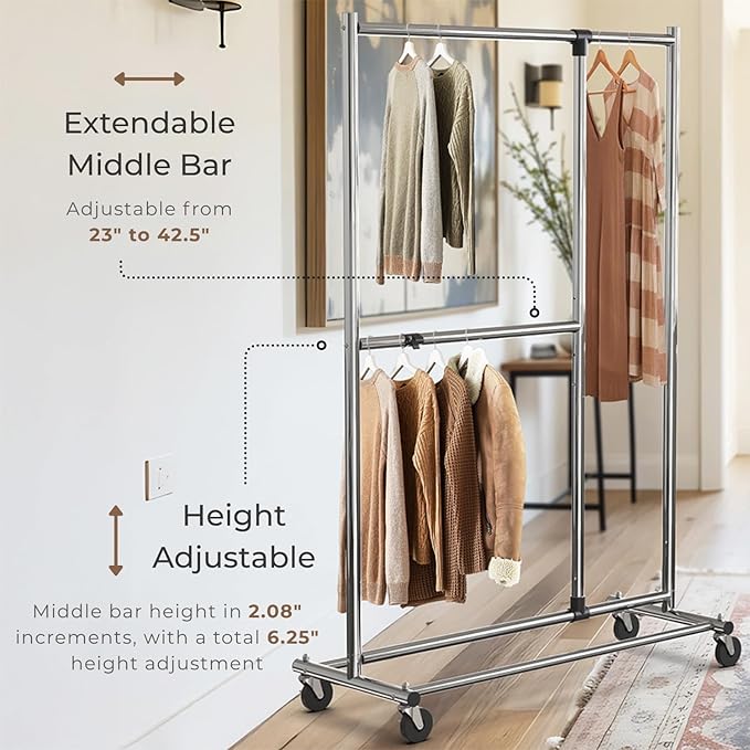 Simple Houseware Dual Bar Adjustable Clothing Garment Rack, 72 Inches Height, Chrome