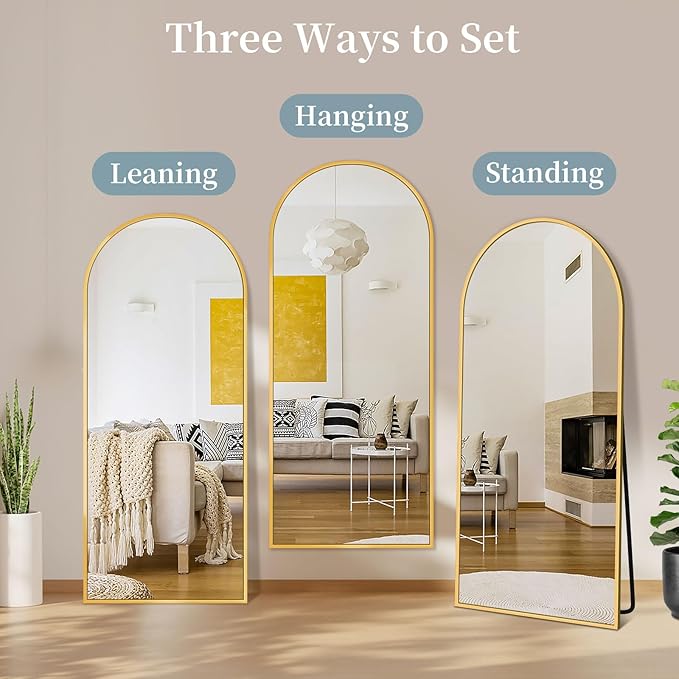 Full Length Mirror, 58"x21" Arched Full Body Mirror, Large Stand Up Aluminum Frame Floor Freestanding Hanging Leaning Mounted for Bedroom Living Room Entryway Gold