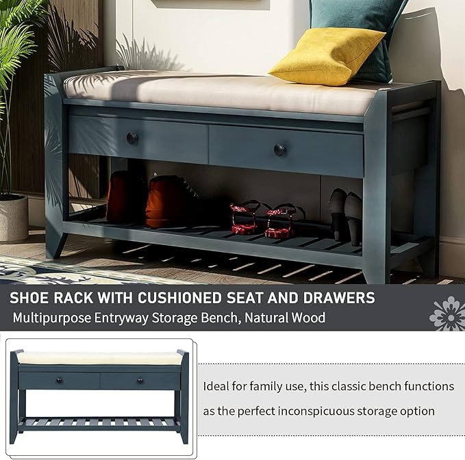 LUMISOL Shoe Storage Bench with Padded Cushion, Rustic Storage Bench with Woven Rattan Doors and Adjustable Shelves for Entryway, Hallway, Living Room, Grey Wash+Beige