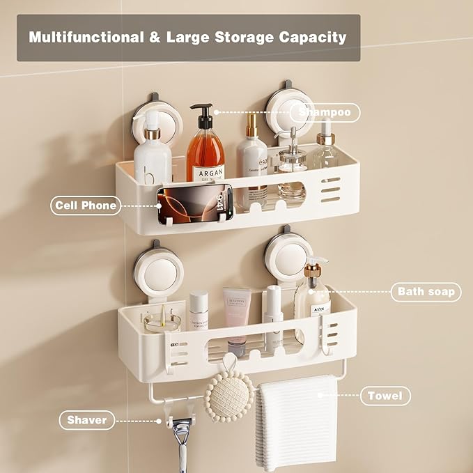 Voldra Shower Caddy Suction Cup, Shower Shelves for Inside Shower No Drilling, Aluminum Suction Showers Organizer for Wall with Towel Bar & Hooks Removable Bathroom Storage Rack(1 Pack-Cream White)