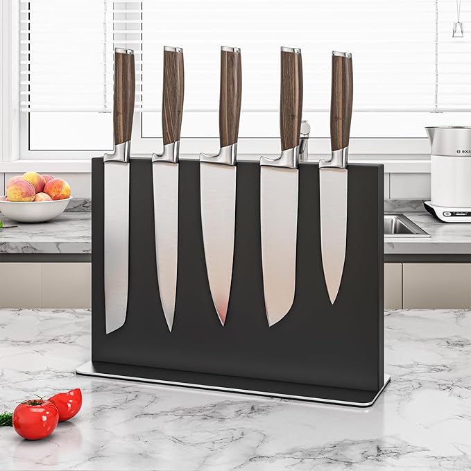 THMINS Magnetic Knife Holder, Double-Sided Magnetic Knife Block, 304 Stainless Steel Knife Holder for Kitchen Counter, Black Knife Stand