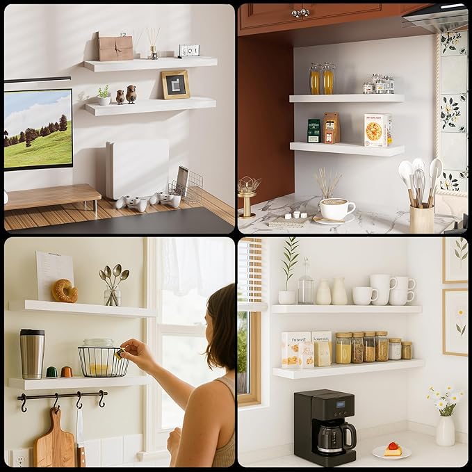White Floating Shelves Set of 2, 24 Inch Wall Mounted Wood Shelves for Bathroom Over Toilet, Bedroom, Living Room, Kitchen & Office Storage, Modern Display Shelves