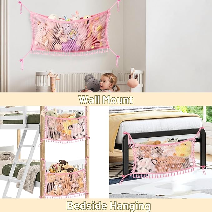 2 Pack Stuffed Animal Hammock, Bedside Stuffed Animal Storage Net Corner - Kids Nursery Wall Bedroom Home Decor, Cotton Bedside Toy Organizer Net with Tether, Stretches up to 36 In, Pink