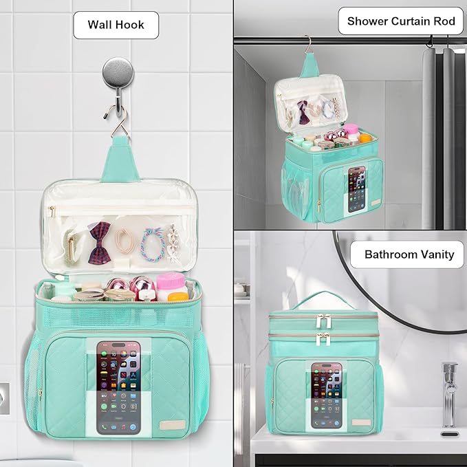 Portable Shower Caddy College Dorm Essentials, Large Toiletry Bag for Women Men, 2 Layers Quickly Dry Mesh Bathroom Tote Bag, Hanging Makeup Organizer Bag for Travel, Gym, Camping (Mint Green)