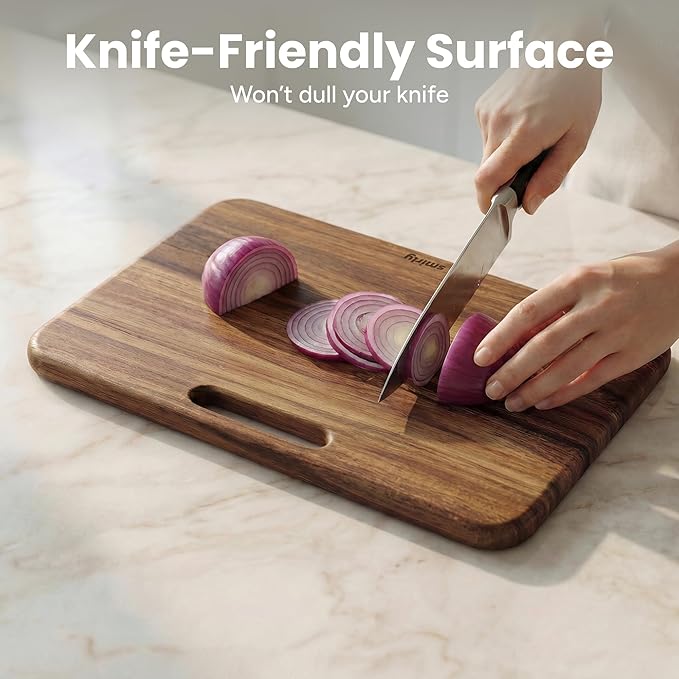 SMIRLY Wooden Cutting Boards for Kitchen, Double-Sided Cutting Board with Handle, Heavy Duty Solid Acacia Wood Cutting Board Set with Stand, 3 Pcs Cutting Boards Non Toxic for Meat Vegetable Fruit