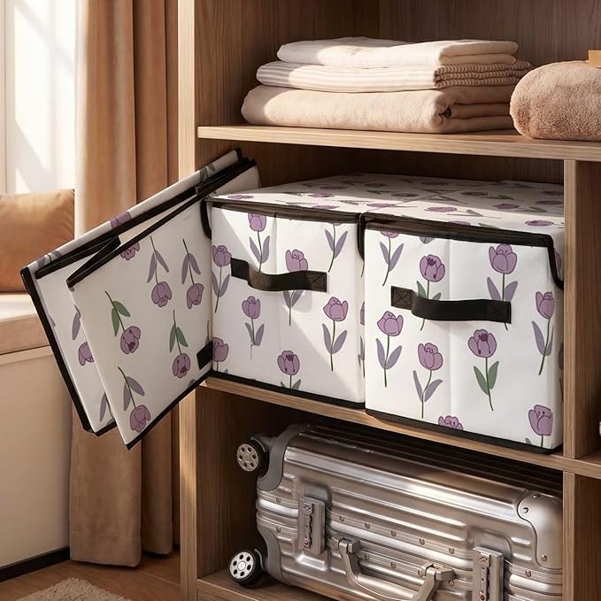 Stackable Storage Bins with Lids,Closet Organizers Fabric Box for Home and Office,Blanket Clothes Organizers,Under Bed Storage Containers 3 Pack