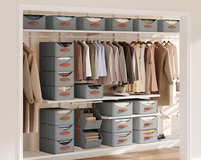 Homsorout Stackable Storage Drawers - Collapsible Storage Bins with Drawers, 4 Pack Closet Shelf Organizer Basket, Fabric Pull Out Organizer for Bedroom, Living Room, Dorm, Grey