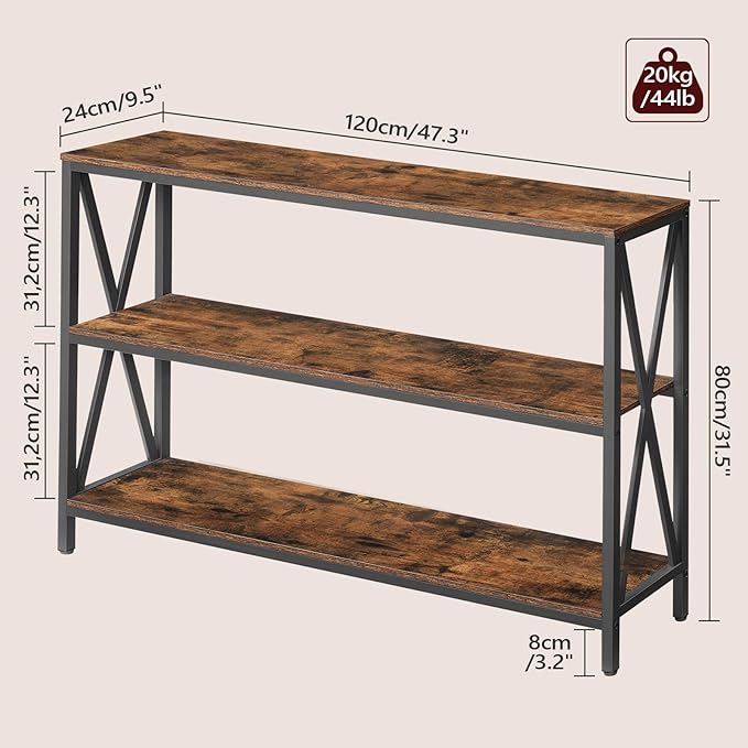 MAHANCRIS 47.2" Sofa Table, Industrial Console Table, 3-Tier Narrow Sofa Table with Storage Shelves, Foyer Table for Entryway, Hallway, Kitchen, Living Room and Bedroom, Rustic Brown CTHR800201