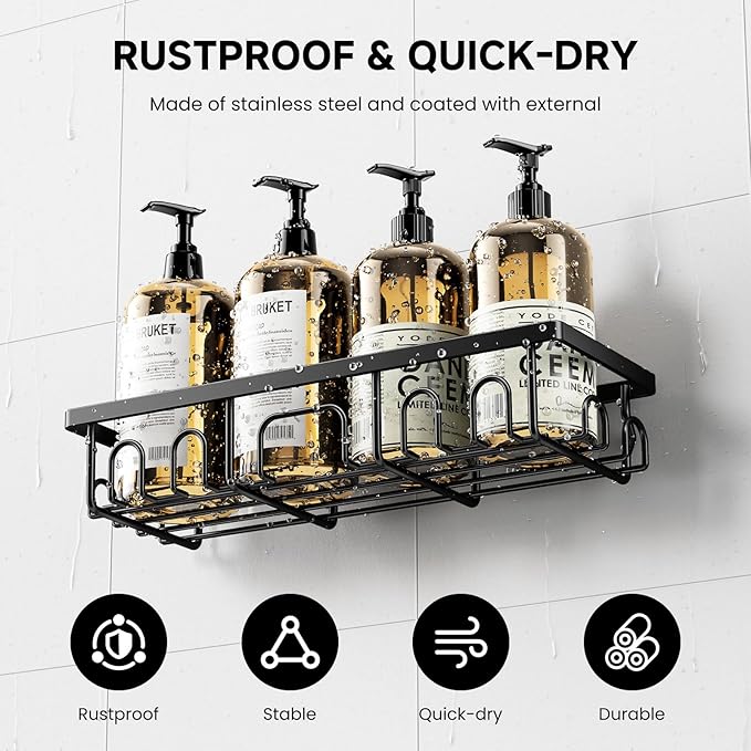 Shower Caddy, 3 Pack Shower Shelves, Rustproof Adhesive Bathroom Organizer with Soap Holder, No Drilling Washroom Organizers and Storage for Bathtub Room/Kitchen/Home, Matte black