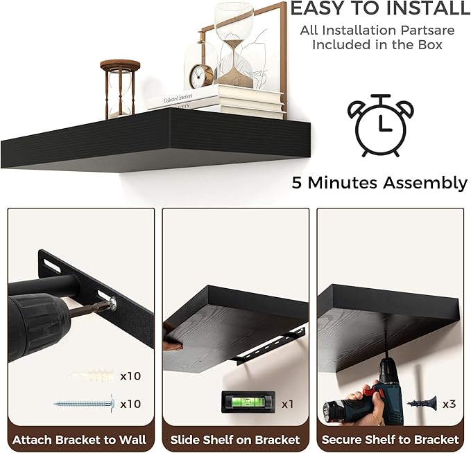 Venusmiles Floating Shelves for Wall, 32 Inch Floating Shelves Set of 2, 6.5" D Wooden Wall Mounted Display Shelves with Invisible Brackets for Living Room, Bedroom, Bathroom, Kitchen Decor, Black