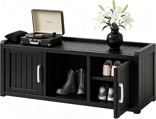 2-Tier Storage Bench, Waterproof UV-Resistant Outdoor Shoe Storage Cabinet with 2 Doors & Adjustable Shelves for Indoor Outdoor Entryway, Hallway, Living Room(Classic Black)